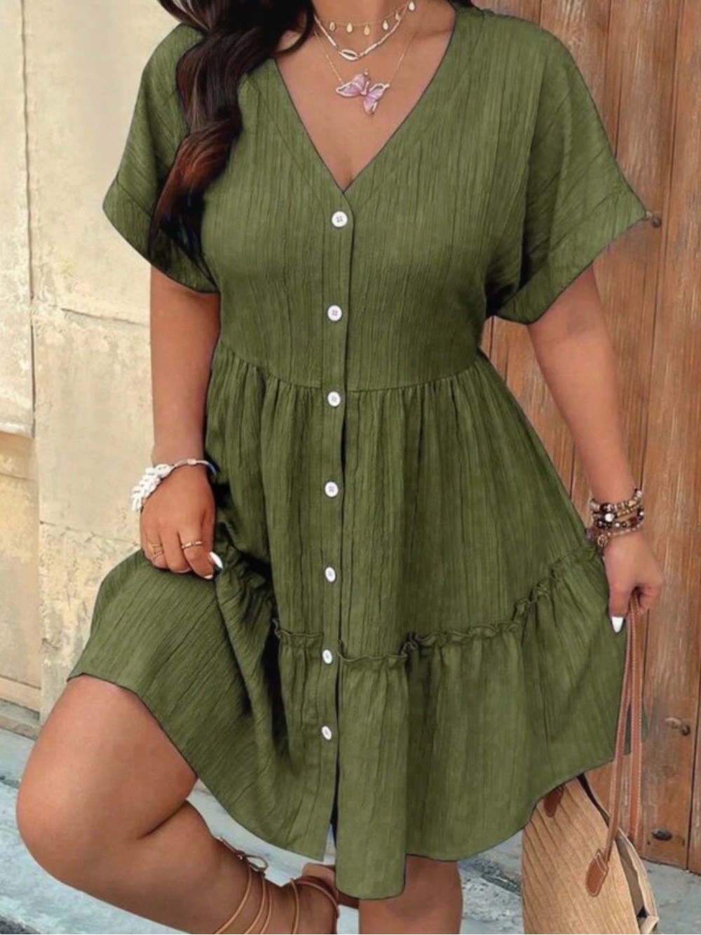 SHEIN Olive V-Neck Dress